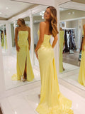 Prom Dress 2025 Strapless Yellow Satin Mermaid Prom Dresses with Tail High Slit Pleated Bodice FD4083-unique prom dresses-Yellow-Custom Size-Viniodress