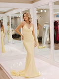 Yellow Satin Pleated Prom Dresses Mermaid Spaghetti Strap Evening Dress FD3678-prom dresses-Viniodress-Viniodress