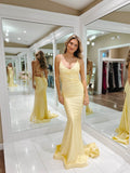 Yellow Satin Pleated Prom Dresses Mermaid Spaghetti Strap Evening Dress FD3678