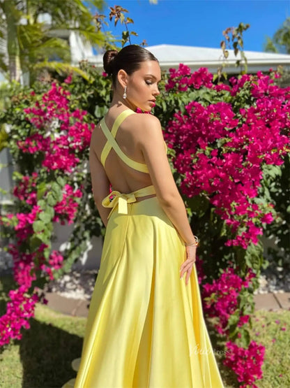 Yellow Satin Prom Dress | V-Neck Evening Gown with Slit, Open Back & Pockets – FD6054-prom dresses 2025 -Viniodress-Yellow-Custom Size-
