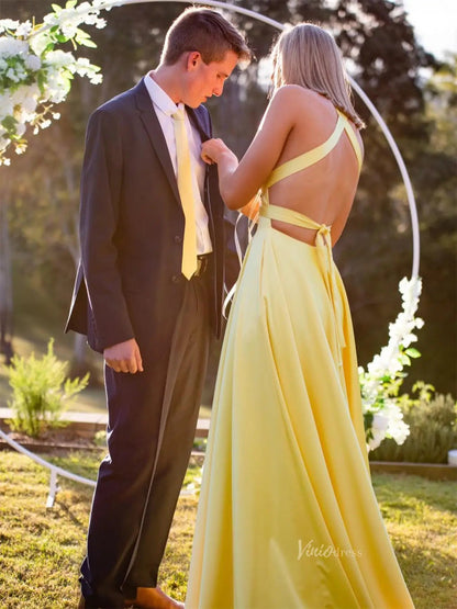 Yellow Satin Prom Dress | V-Neck Evening Gown with Slit, Open Back & Pockets – FD6054-prom dresses 2025 -Viniodress-Yellow-Custom Size-
