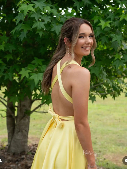 Yellow Satin Prom Dress | V-Neck Evening Gown with Slit, Open Back & Pockets – FD6054-prom dresses 2025 -Viniodress-Yellow-Custom Size-
