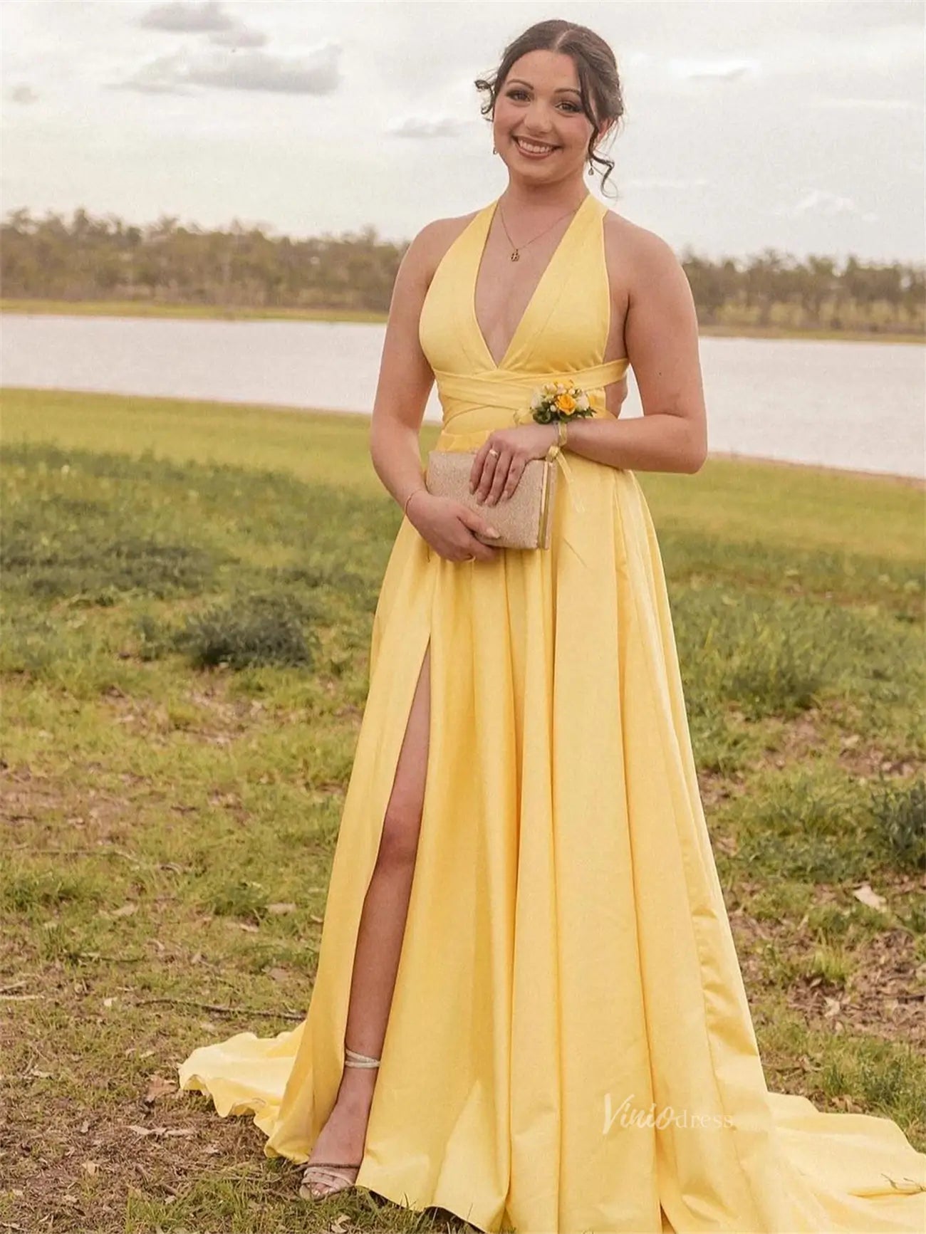 Yellow Satin Prom Dress | V-Neck Evening Gown with Slit, Open Back & P Viniodress Yellow Satin Prom Dress | V-Neck Evening Gown with Slit, Open Back & P Viniodress