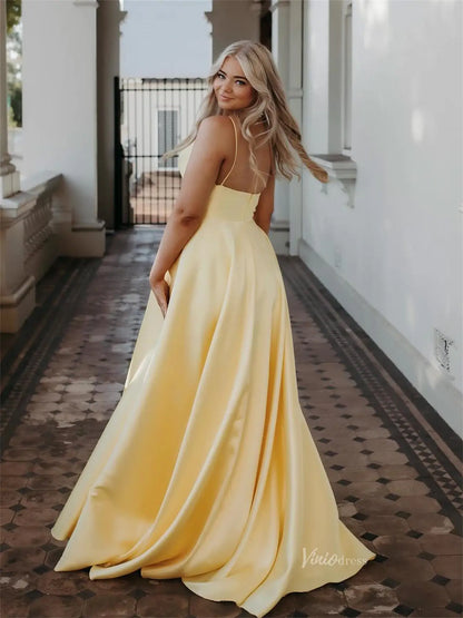 Yellow Satin Prom Dress with Spaghetti Straps & V-Neck - FD6053 Viniodress Yellow Satin Prom Dress with Spaghetti Straps & V-Neck - FD6053 Viniodress