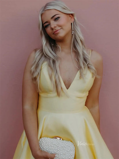 Yellow Satin Prom Dress with Spaghetti Straps & V-Neck - FD6053-prom dresses 2025 -Viniodress-Yellow-Custom Size-