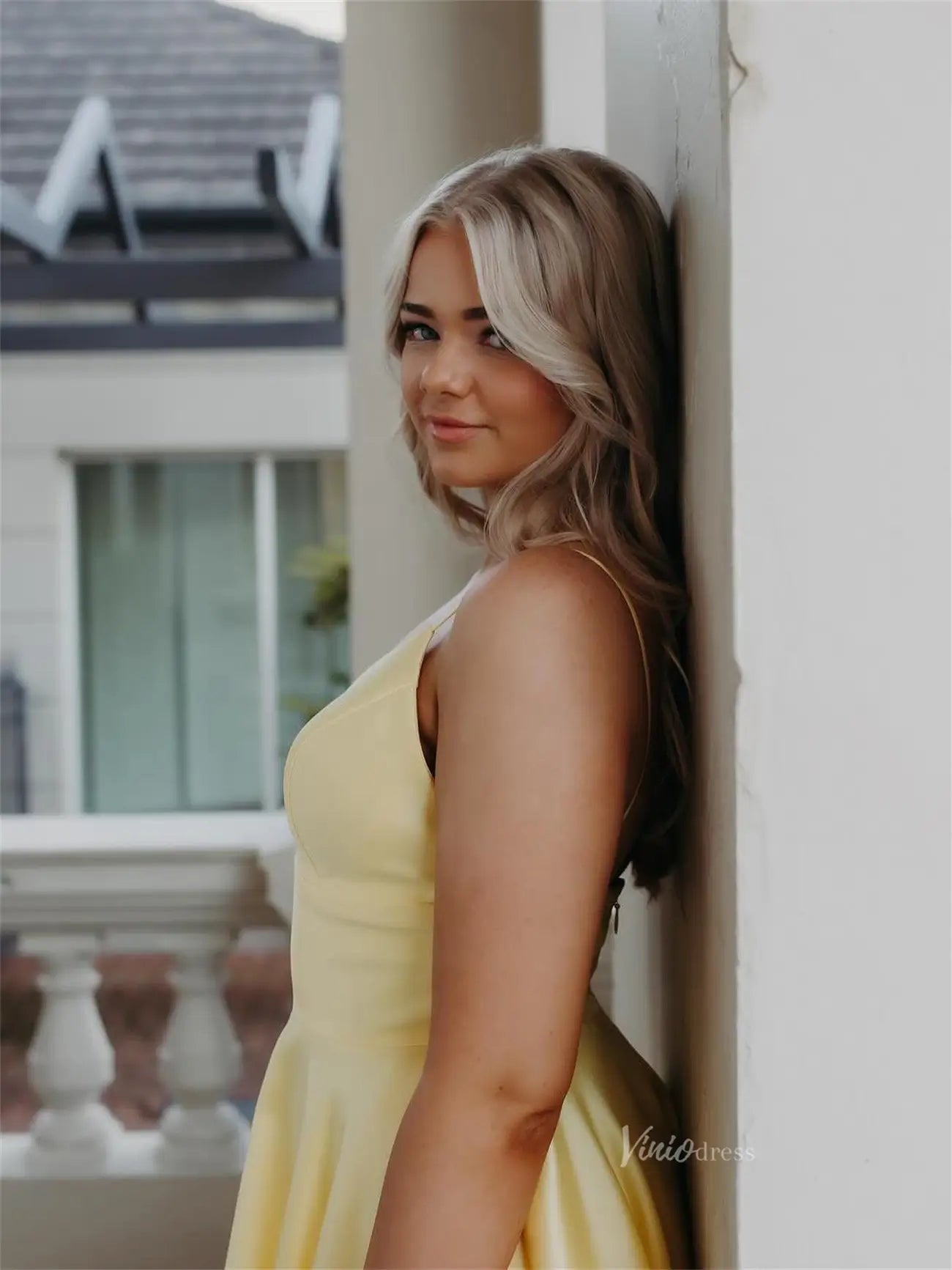 Yellow Satin Prom Dress with Spaghetti Straps & V-Neck - FD6053-prom dresses 2025 -Viniodress-Yellow-Custom Size-