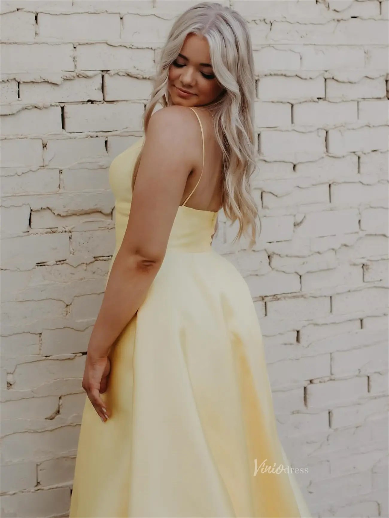 prom dresses 2025 Yellow Satin Prom Dress with Spaghetti Straps & V-Neck - FD6053-plus size wedding dresses Viniodress-Yellow-Custom Size-