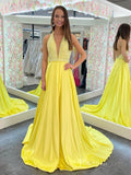 Yellow Satin Prom Dresses Beaded Bodice Plunging V-Neck Formal Gown FD3993