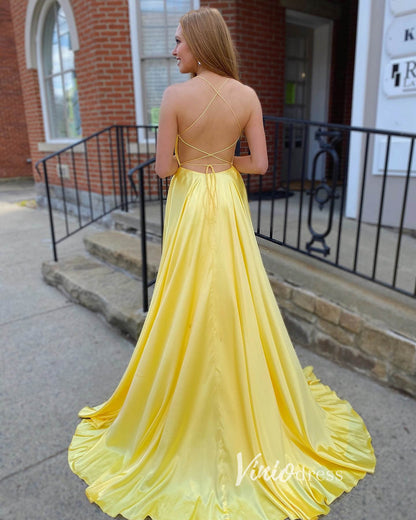 Yellow Satin Prom Dresses Spaghetti Strap Evening Gown FD3343-prom dresses 2025 -Viniodress-Yellow-Custom Size-