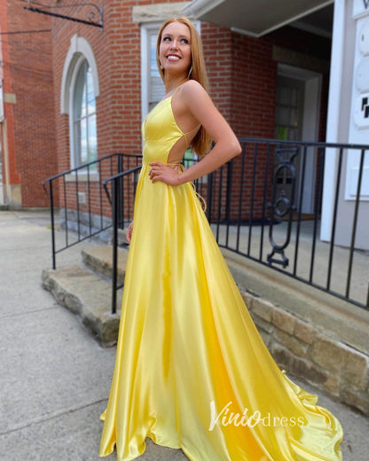 Yellow Satin Prom Dresses Spaghetti Strap Evening Gown FD3343-prom dresses 2025 -Viniodress-Yellow-Custom Size-
