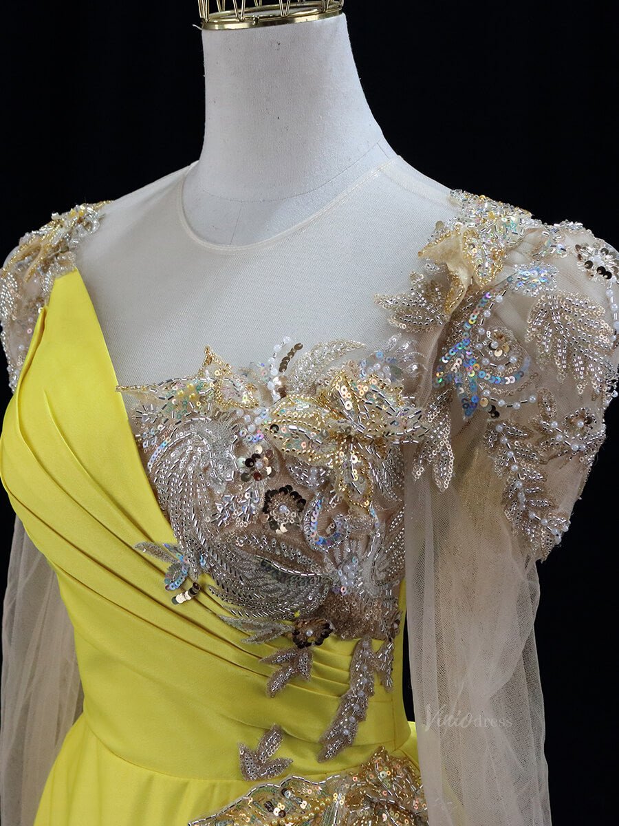 Yellow Satin Prom Dresses with Long Sleeve, Beaded Lace, Formal Dresses SU019-prom dresses 2025 -Viniodress-Yellow-Custom Size-