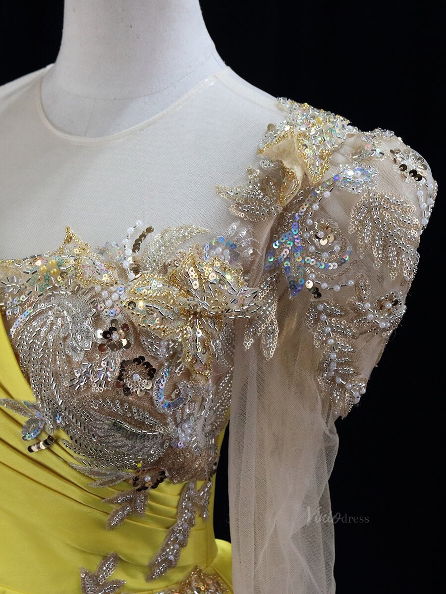 Yellow Satin Prom Dresses with Long Sleeve, Beaded Lace, Formal Dresses SU019-prom dresses 2025 -Viniodress-Yellow-Custom Size-