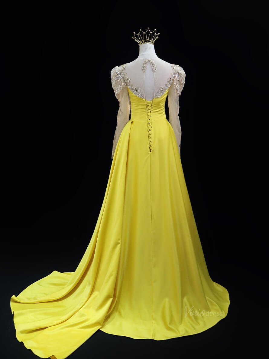 Yellow Satin Prom Dresses with Long Sleeve, Beaded Lace, Formal Dresses SU019 - Viniodressprom dressesYellowCustom Size - Formal Dresses - Ball Gowns