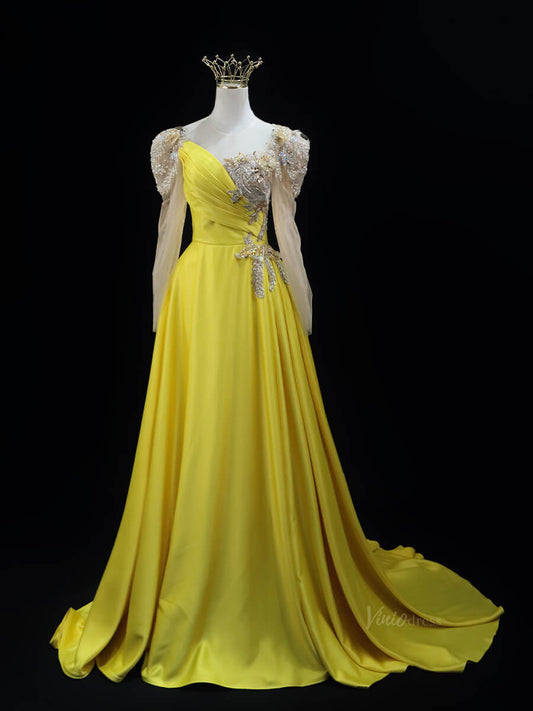 Yellow Satin Prom Dresses with Long Sleeve, Beaded Lace, Formal Dresses SU019 - Viniodressprom dressesYellowCustom Size - Formal Dresses - Ball Gowns