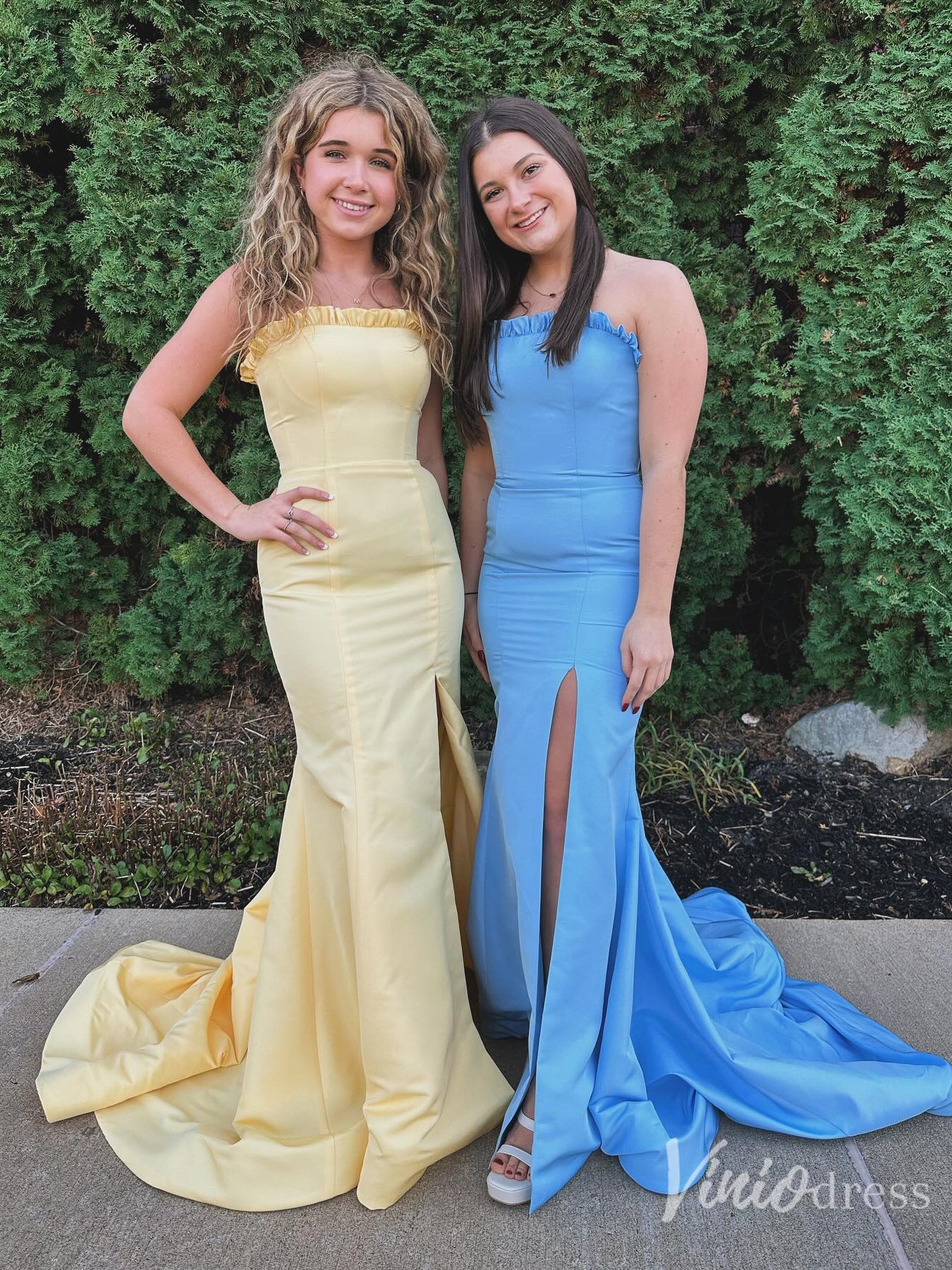 Yellow Satin Ruffle Trim Mermaid Prom Dress with Slit – Style FD6113-prom dresses 2025 -Viniodress-Yellow-Custom Size-