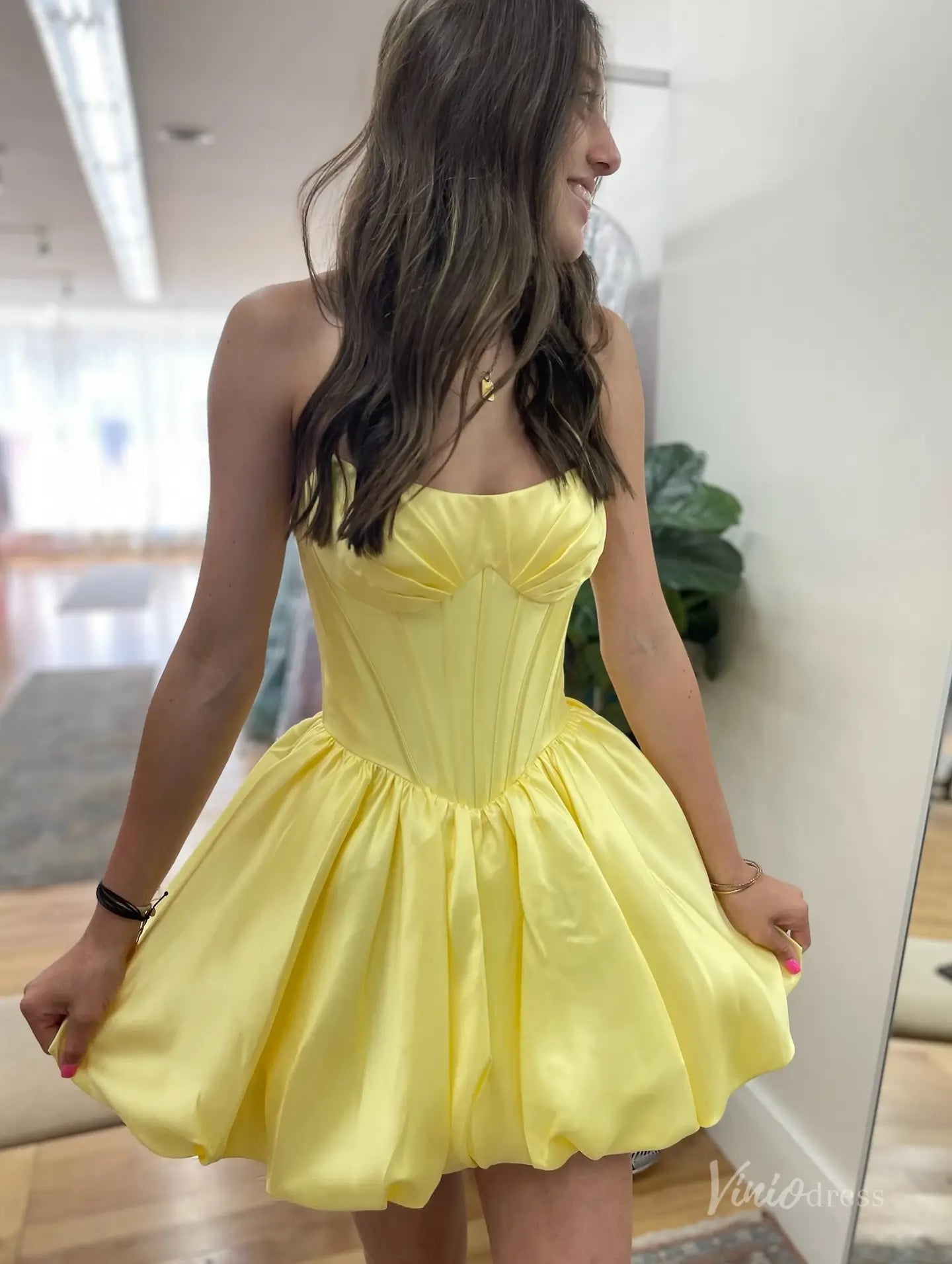 Yellow Satin Strapless Homecoming Dress with Corset Bodice & Bubble Skirt – H1165-Homecoming Dresses 2025 -Viniodress-Yellow-Custom Size-
