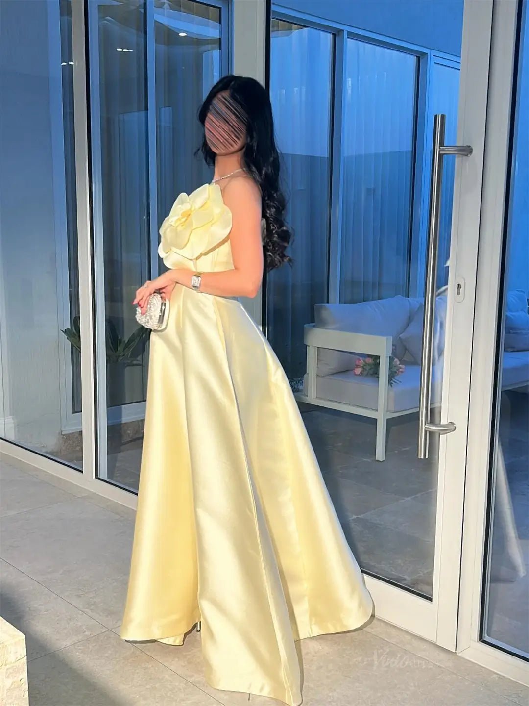 Yellow Satin Strapless Prom Dresses 2025 with 3D Flower – FD5208-prom dresses 2025 -Viniodress-Yellow-Custom Size-