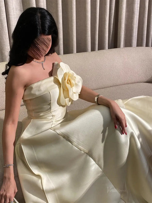 Yellow Satin Strapless Prom Dresses 2025 with 3D Flower – FD5208-prom dresses 2025 -Viniodress-Yellow-Custom Size-