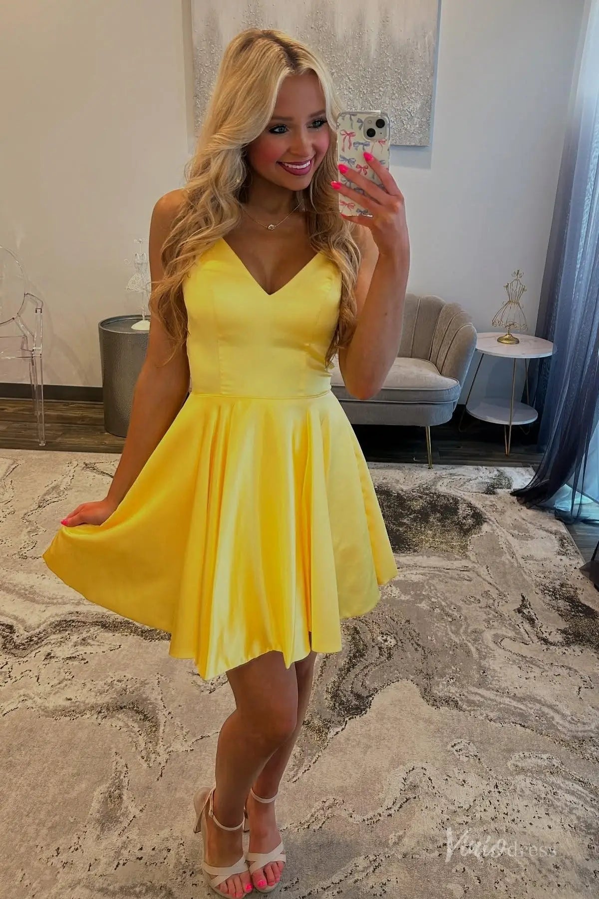 Yellow Satin V-Neck Homecoming Dress with Spaghetti Straps, Fit-and-Flare Skirt – H1167-Homecoming Dresses 2025 -Viniodress-Yellow-Custom Size-