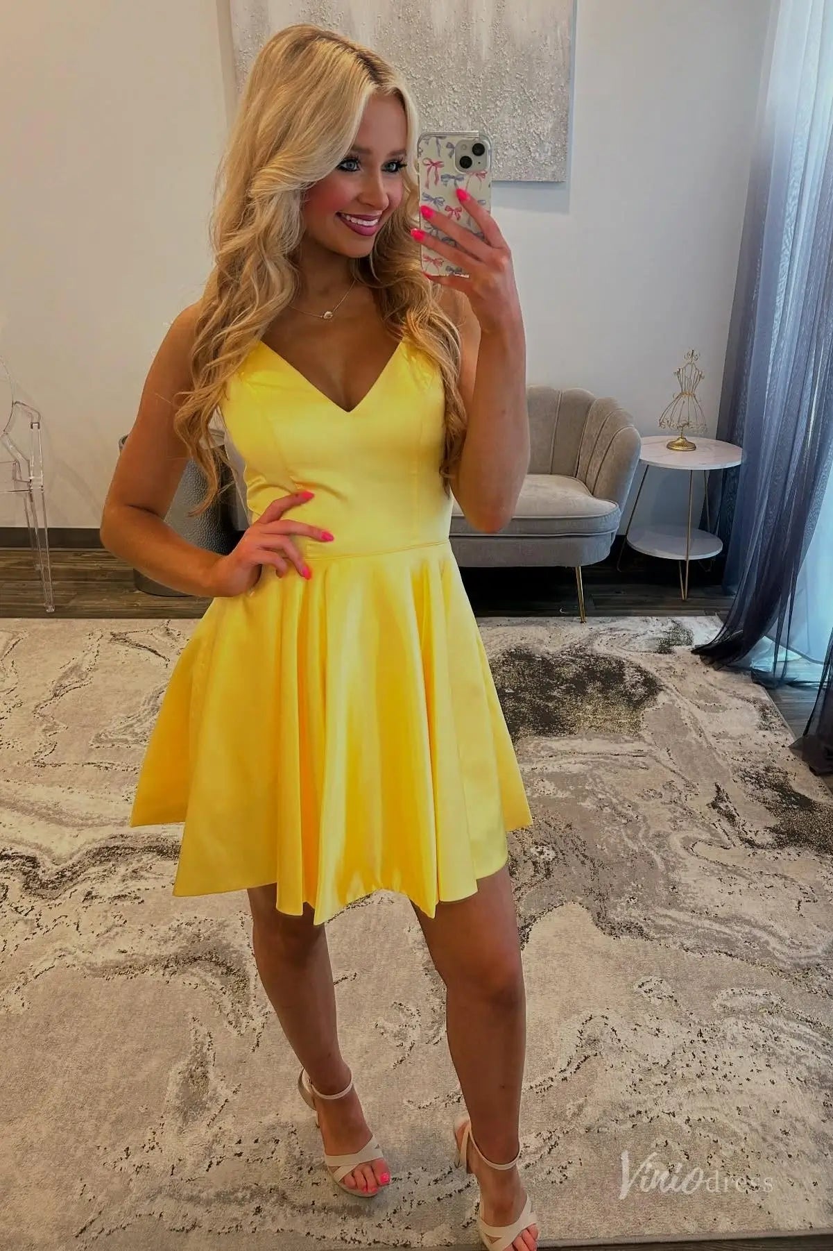 Yellow Satin V-Neck Homecoming Dress with Spaghetti Straps, Fit-and-Flare Skirt – H1167-Homecoming Dresses 2025 -Viniodress-Yellow-Custom Size-