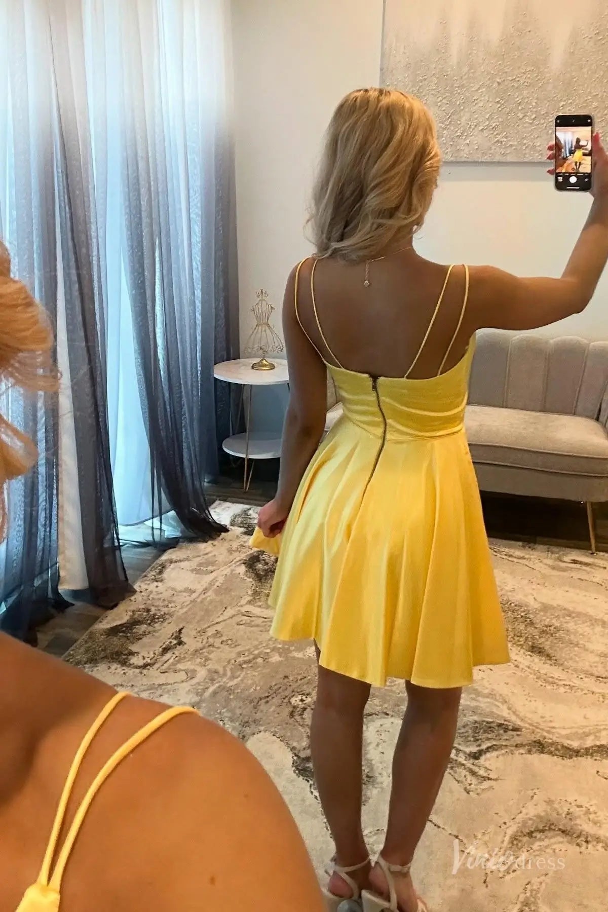 Yellow Satin V-Neck Homecoming Dress with Spaghetti Straps, Fit-and-Flare Skirt – H1167-Homecoming Dresses 2025 -Viniodress-Yellow-Custom Size-