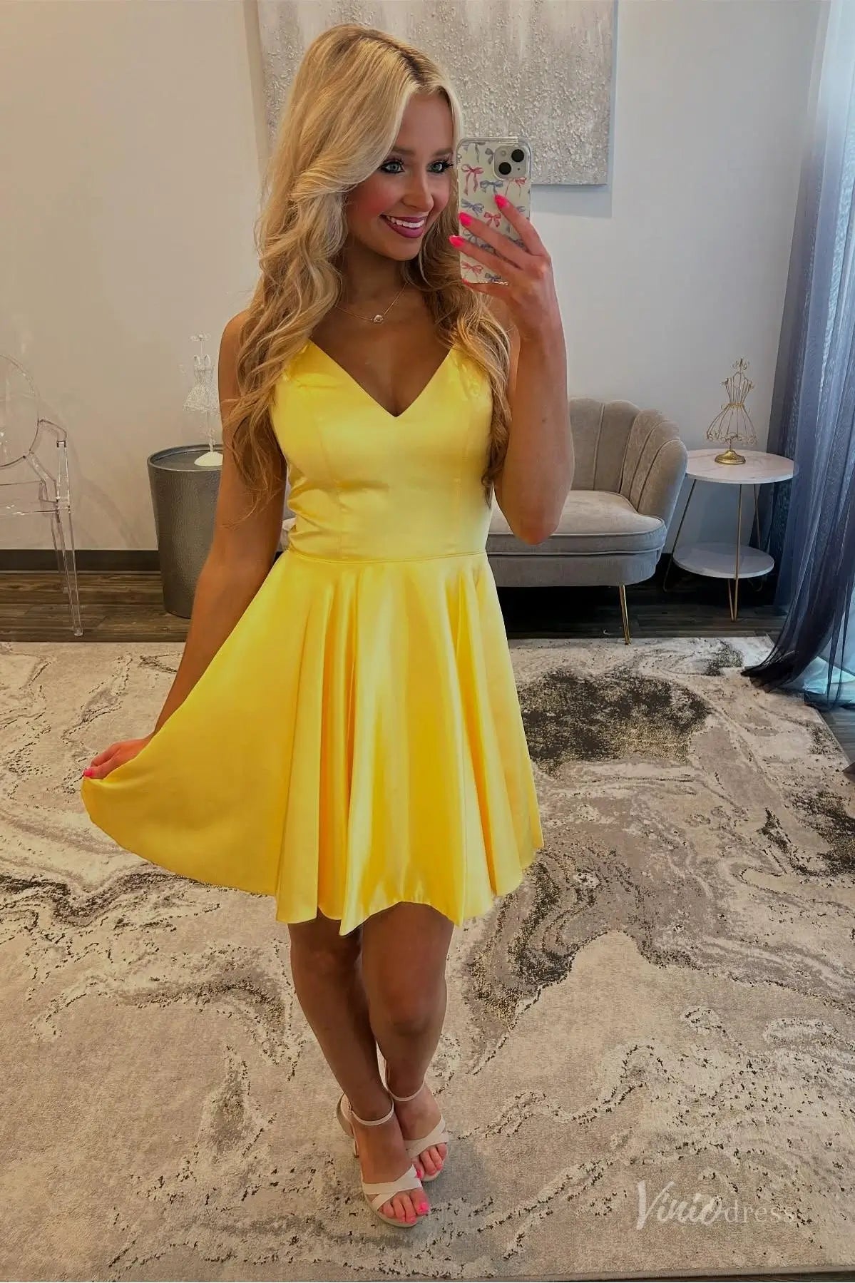 Yellow Satin V-Neck Homecoming Dress with Spaghetti Straps, Fit-and-Flare Skirt – H1167-Homecoming Dresses 2025 -Viniodress-Yellow-Custom Size-