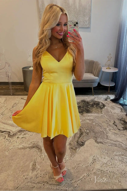 Yellow Satin V-Neck Homecoming Dress with Spaghetti Straps, Fit-and-Flare Skirt – H1167-Homecoming Dresses 2025 -Viniodress-Yellow-Custom Size-