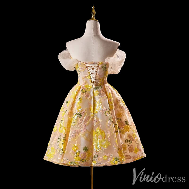 Yellow Sequin Lace Homecoming Dress Off the Shoulder Hoco 2024 Graduation Dress 8017-prom dresses 2025 -Viniodress-Yellow-Custom Size-