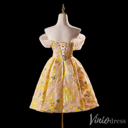 Yellow Sequin Lace Homecoming Dress Off the Shoulder Hoco 2024 Graduation Dress 8017-prom dresses 2025 -Viniodress-Yellow-Custom Size-
