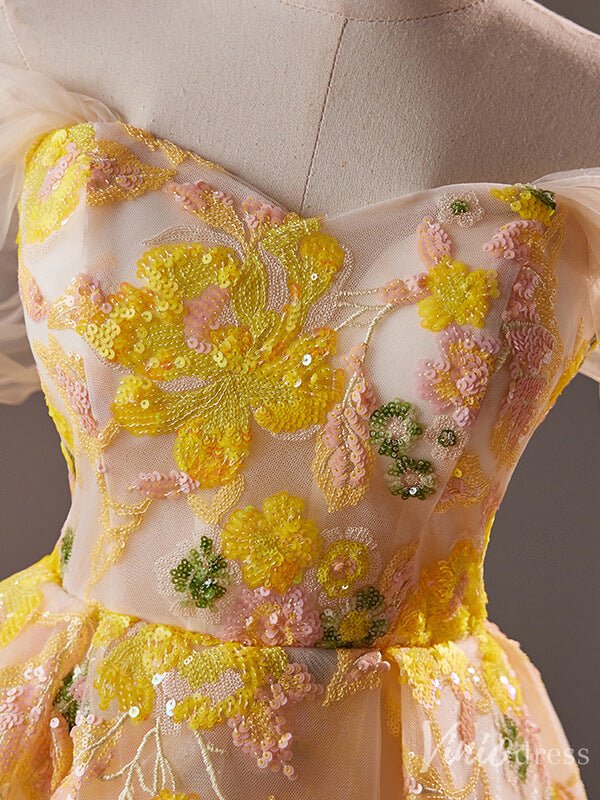 Yellow Sequin Lace Homecoming Dress Off the Shoulder Hoco 2024 Graduation Dress 8017-prom dresses 2025 -Viniodress-Yellow-Custom Size-