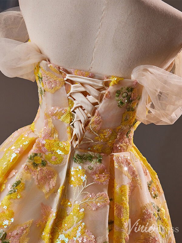 Yellow Sequin Lace Homecoming Dress Off the Shoulder Hoco 2024 Graduation Dress 8017-prom dresses 2025 -Viniodress-Yellow-Custom Size-