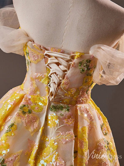 Yellow Sequin Lace Homecoming Dress Off the Shoulder Hoco 2024 Graduation Dress 8017-prom dresses 2025 -Viniodress-Yellow-Custom Size-