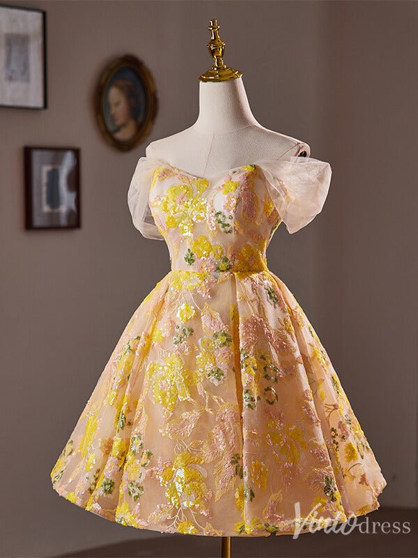 Yellow Sequin Lace Homecoming Dress Off the Shoulder Hoco 2024 Graduation Dress 8017-prom dresses 2025 -Viniodress-Yellow-Custom Size-