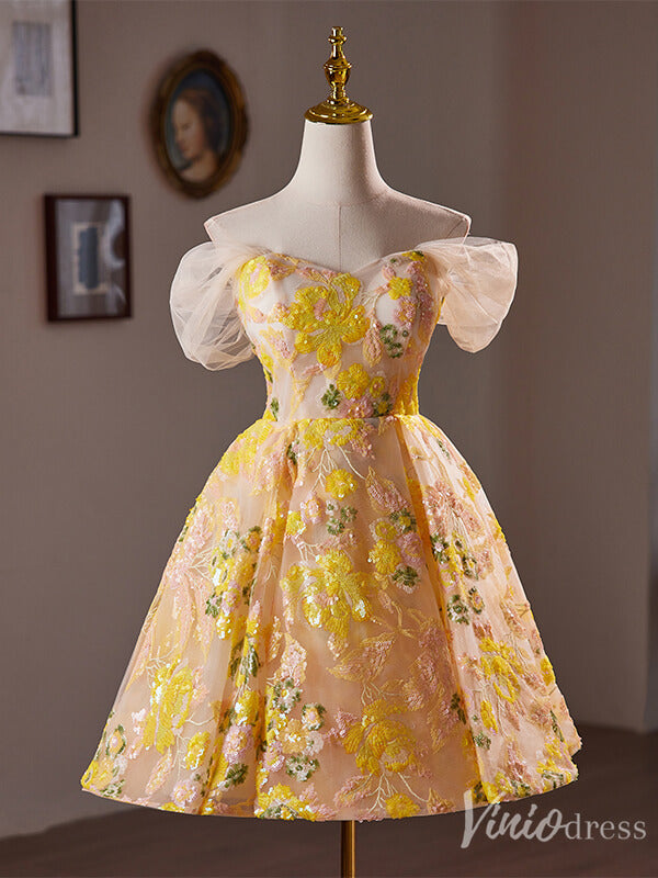 Yellow Sequin Lace Homecoming Dress Off the Shoulder Hoco 2024 Graduation Dress 8017-prom dresses-Viniodress-Yellow-Custom Size-Viniodress