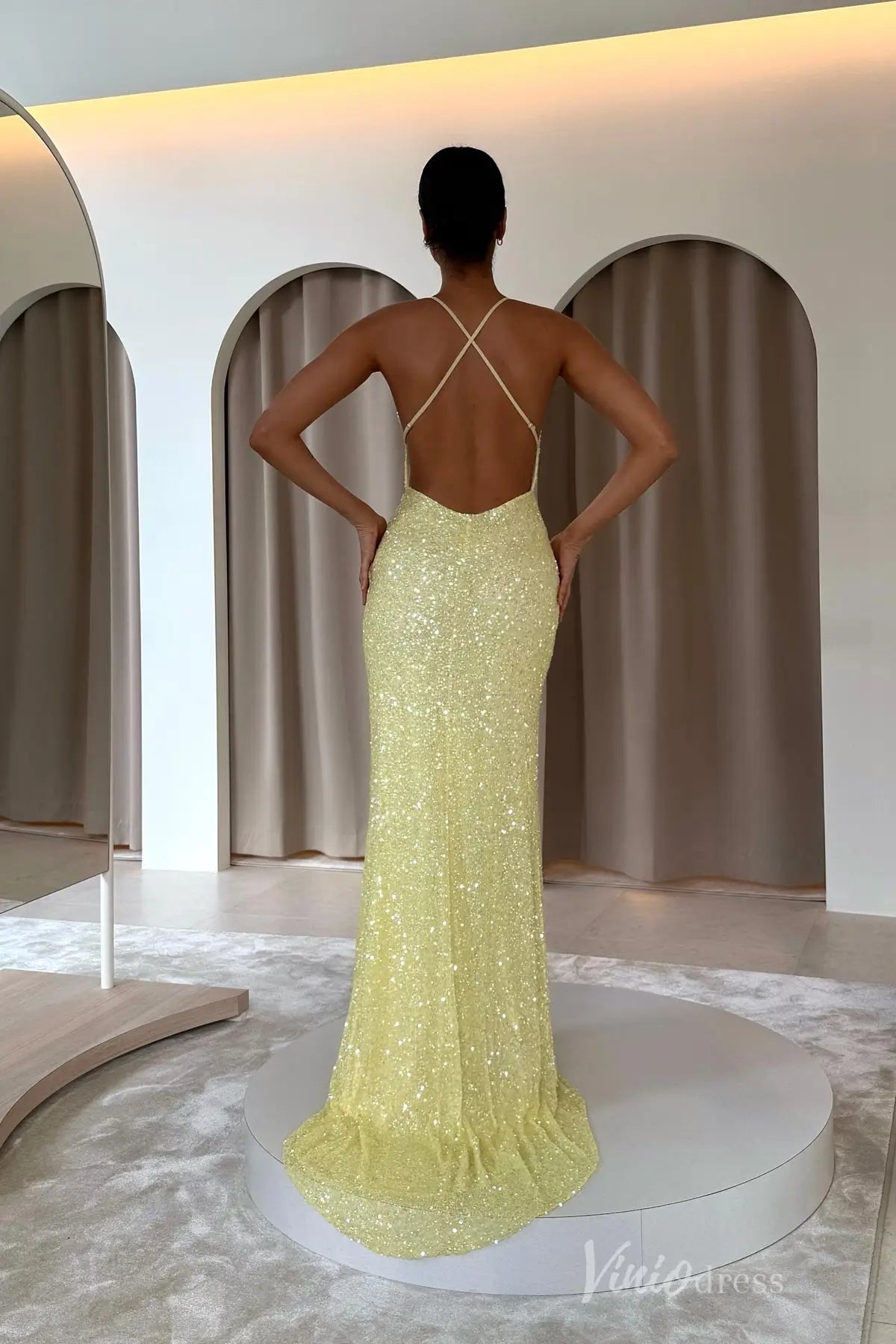 Yellow Sequin Mermaid Prom Dress with Spaghetti Strap, Deep V Neckline, Open Crisscross Back – SS098-prom dresses 2025 -Viniodress-Yellow-Custom Size-