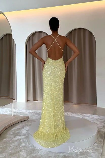 Yellow Sequin Mermaid Prom Dress with Spaghetti Strap, Deep V Neckline, Open Crisscross Back – SS098-prom dresses 2025 -Viniodress-Yellow-Custom Size-