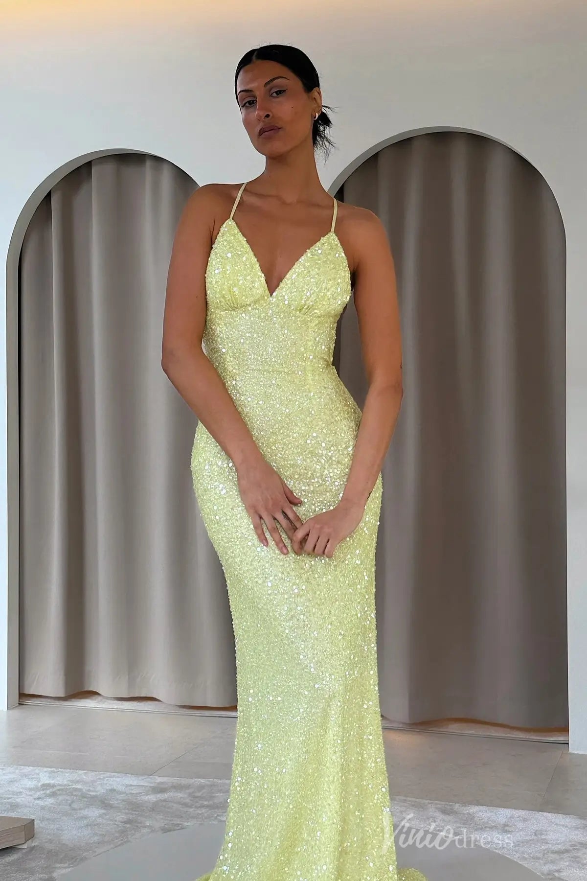 Yellow Sequin Mermaid Prom Dress with Spaghetti Strap, Deep V Neckline, Open Crisscross Back – SS098-prom dresses 2025 -Viniodress-Yellow-Custom Size-