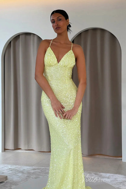 Yellow Sequin Mermaid Prom Dress with Spaghetti Strap, Deep V Neckline, Open Crisscross Back – SS098-prom dresses 2025 -Viniodress-Yellow-Custom Size-
