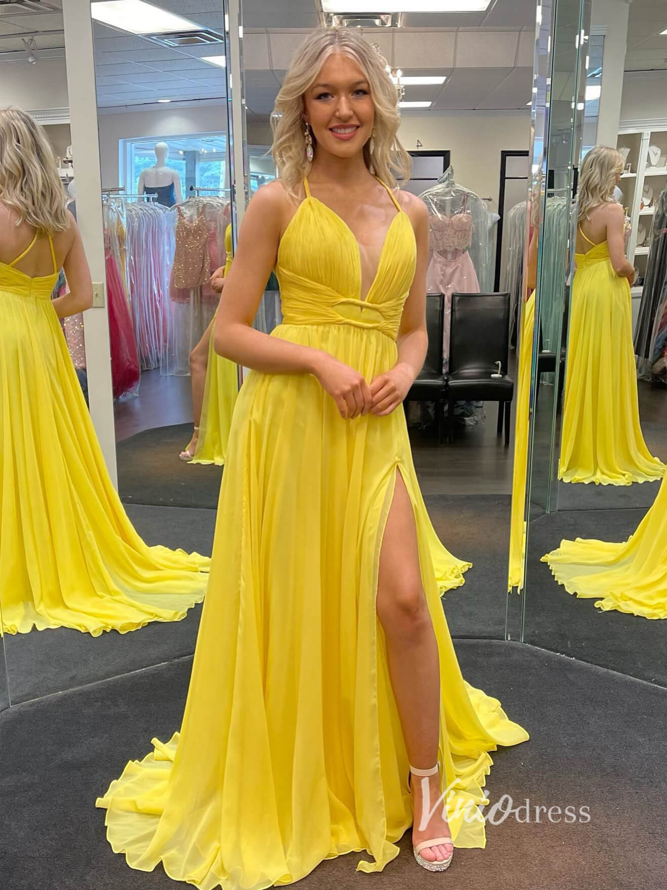 Prom Dress 2025 Yellow Spaghetti Strap Prom Dresses With Slit Chiffon Evening Dress FD2934-unique prom dresses-Yellow-Custom Size-Viniodress