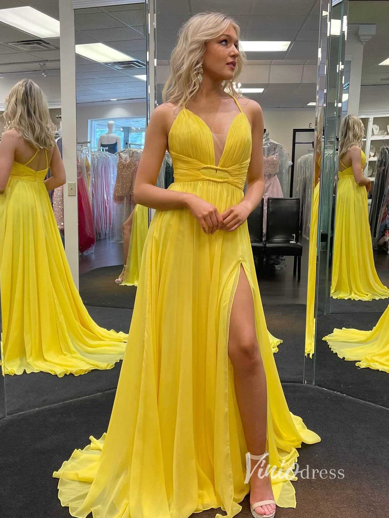 Prom Dress 2025 Yellow Spaghetti Strap Prom Dresses With Slit Chiffon Evening Dress FD2934-unique prom dresses-Yellow-Custom Size-Viniodress