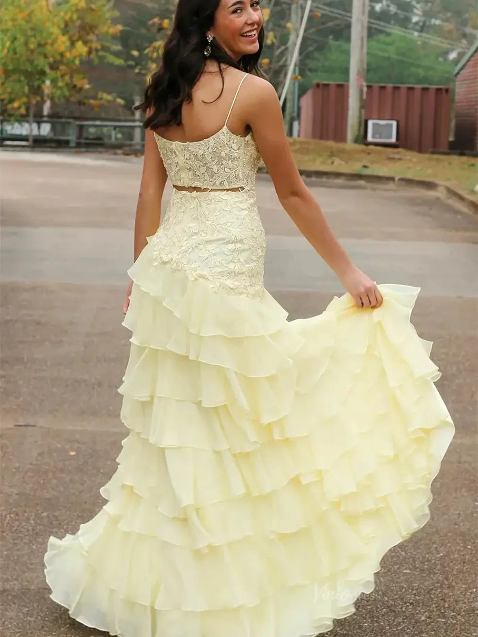 Yellow Spaghetti Strap Prom Dresses with Slit, Lace Bodice & Chiffon Tiered Bottom - FD3721 - Viniodressprom dressesYellowCustom Size - Formal Dresses - Ball Gowns