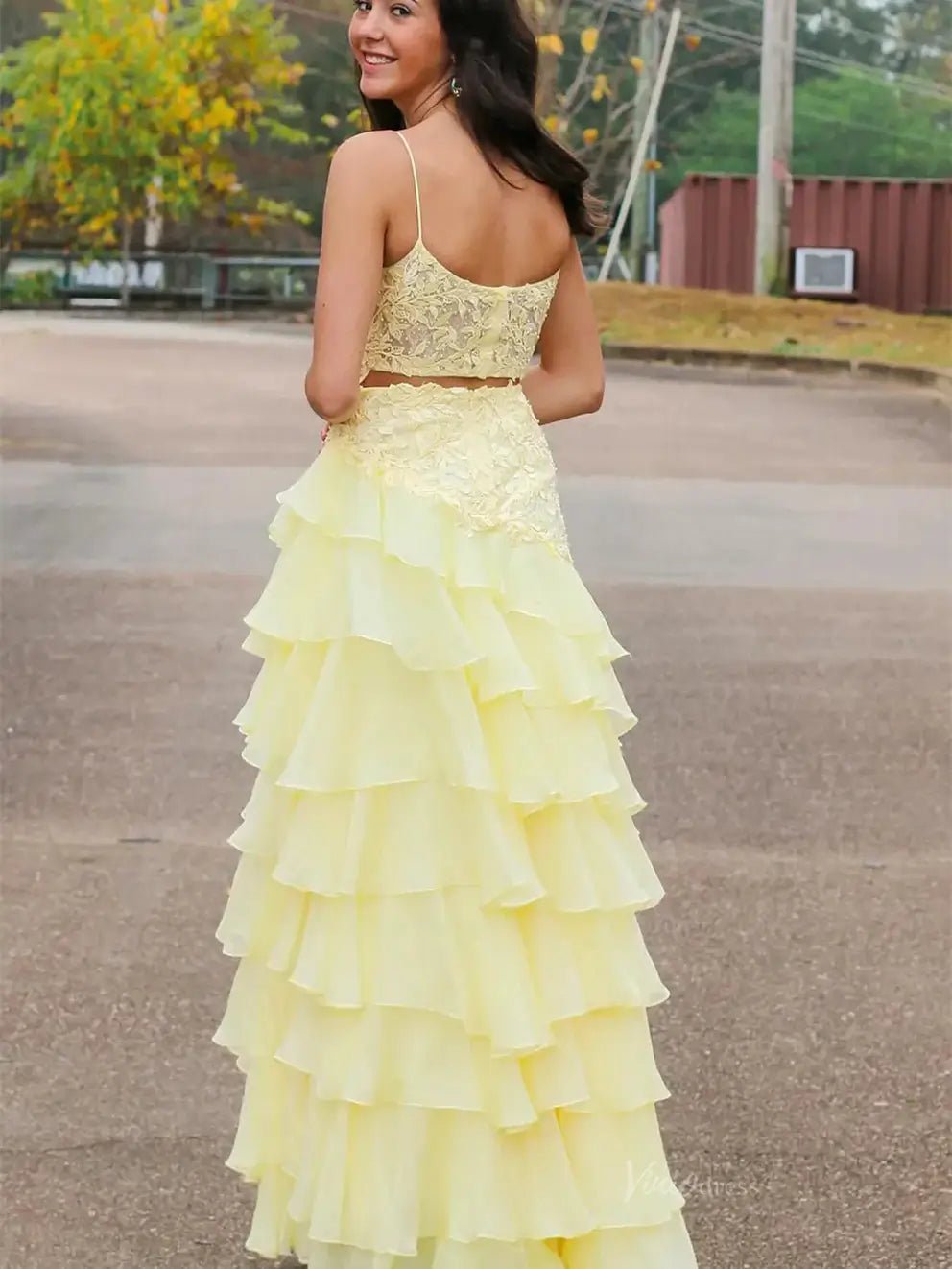 Yellow Spaghetti Strap Prom Dresses with Slit, Lace Bodice & Chiffon Tiered Bottom - FD3721 - Viniodressprom dressesYellowCustom Size - Formal Dresses - Ball Gowns