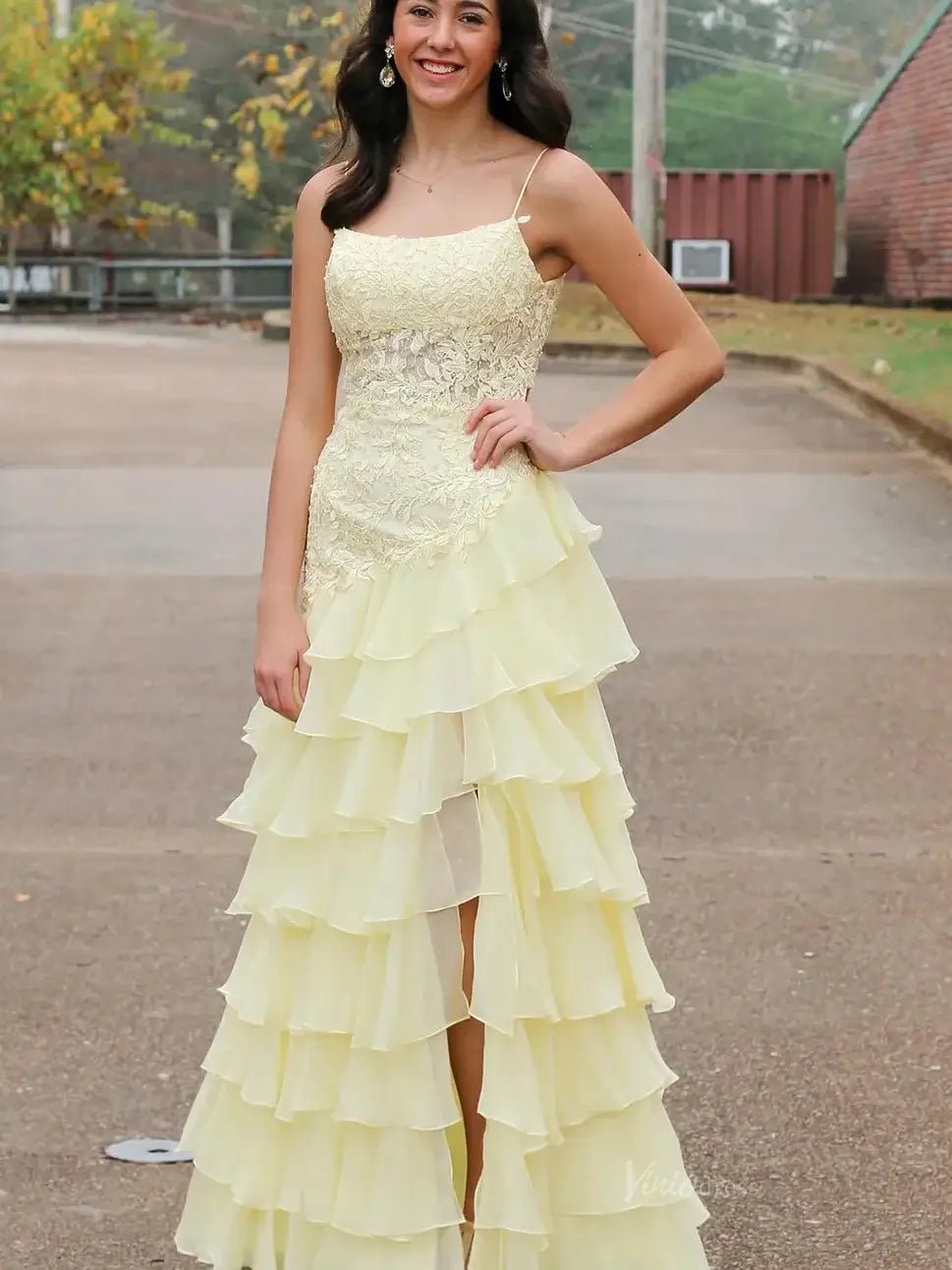 Yellow Spaghetti Strap Prom Dresses with Slit, Lace Bodice & Chiffon Tiered Bottom - FD3721 - Viniodressprom dressesYellowCustom Size - Formal Dresses - Ball Gowns