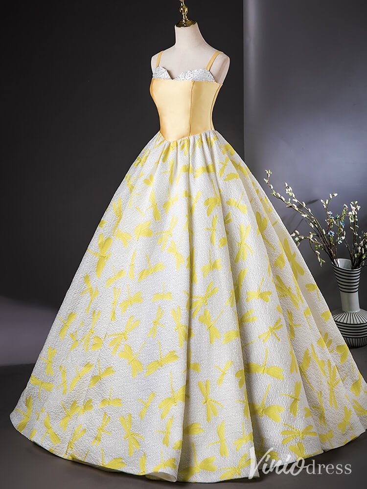 Yellow Spaghetti Strap Sweetheart Quinceanera Dresses Jacquard Satin Ball Gown AD1389-prom dresses 2025 -Viniodress-Yellow-Custom Size-