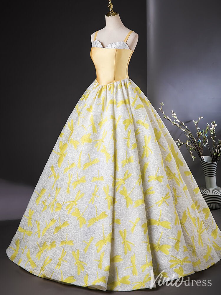 Yellow Spaghetti Strap Sweetheart Quinceanera Dresses Jacquard Satin Ball Gown AD1389 - Viniodressprom dressesYellowCustom Size - Formal Dresses - Ball Gowns