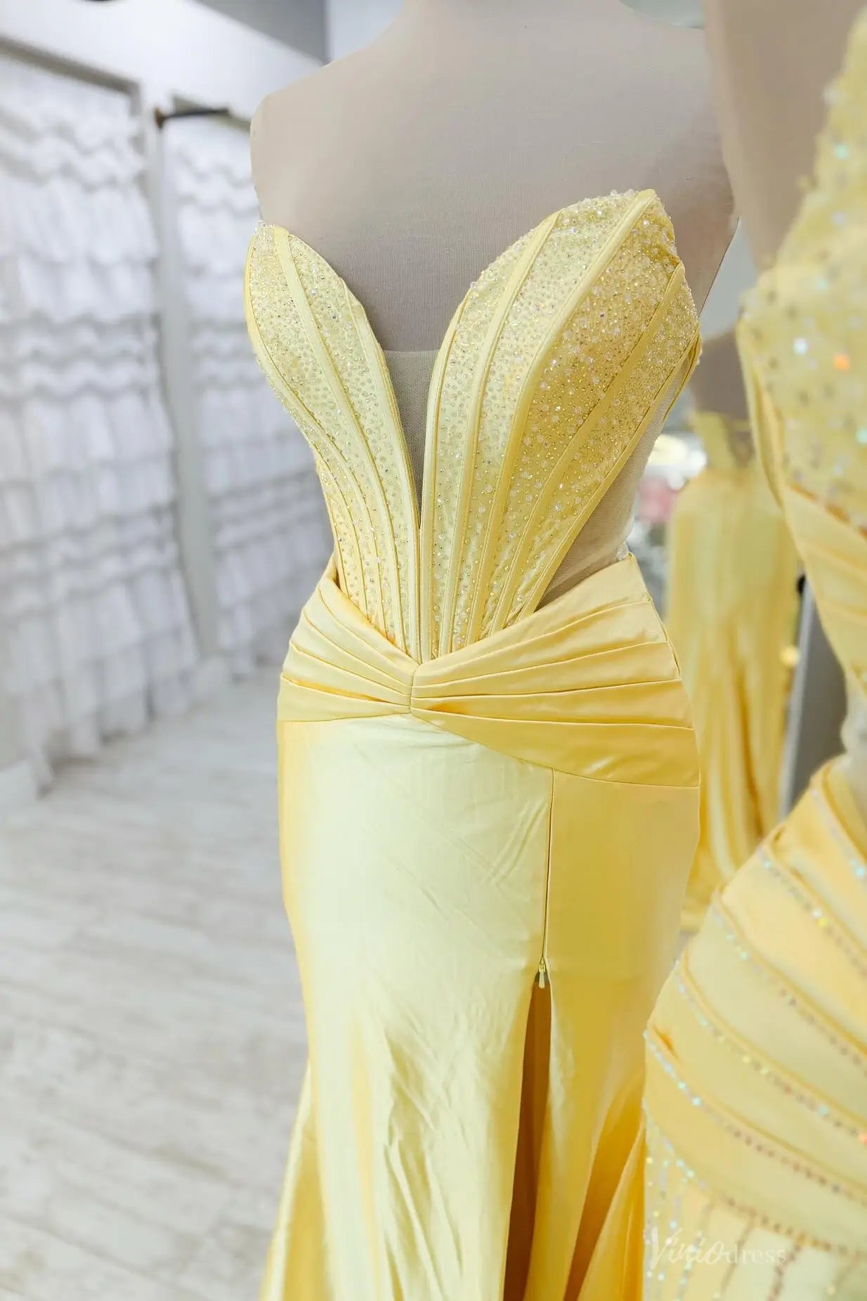 Yellow Sparkly Satin Mermaid Prom Dress with Lace-Up Back SS160 Viniodress Yellow Sparkly Satin Mermaid Prom Dress with Lace-Up Back SS160 Viniodress