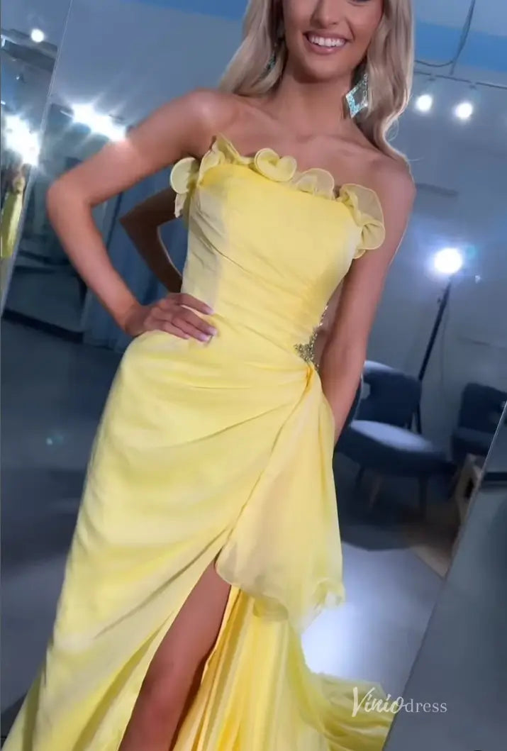 Yellow Strapless Chiffon Prom Dress with Ruffle Trim and High Slit – FD5188-prom dresses 2025 -Viniodress-Yellow-Custom Size-