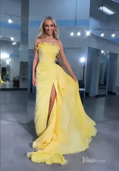 Yellow Strapless Chiffon Prom Dress with Ruffle Trim and High Slit – FD5188-prom dresses 2025 -Viniodress-Yellow-Custom Size-