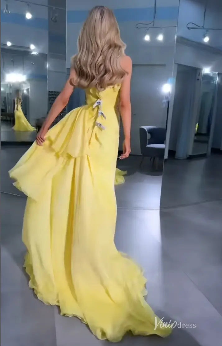 Yellow Strapless Chiffon Prom Dress with Ruffle Trim and High Slit – FD5188-prom dresses 2025 -Viniodress-Yellow-Custom Size-