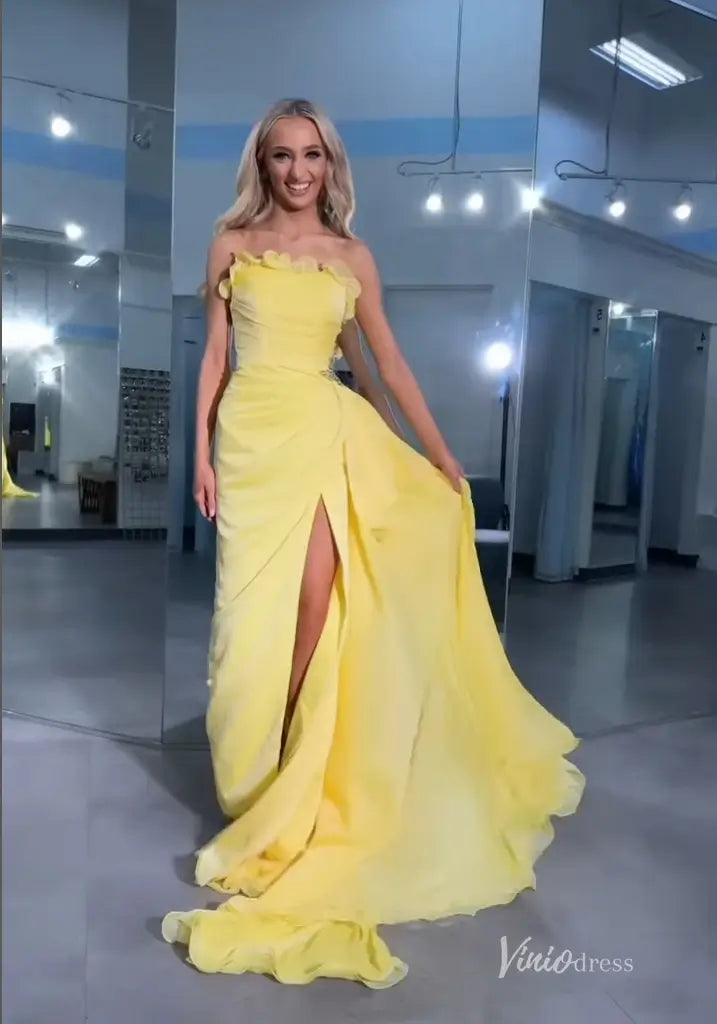 Yellow Strapless Chiffon Prom Dress with Ruffle Trim and High Slit – FD5188-prom dresses 2025 -Viniodress-Yellow-Custom Size-